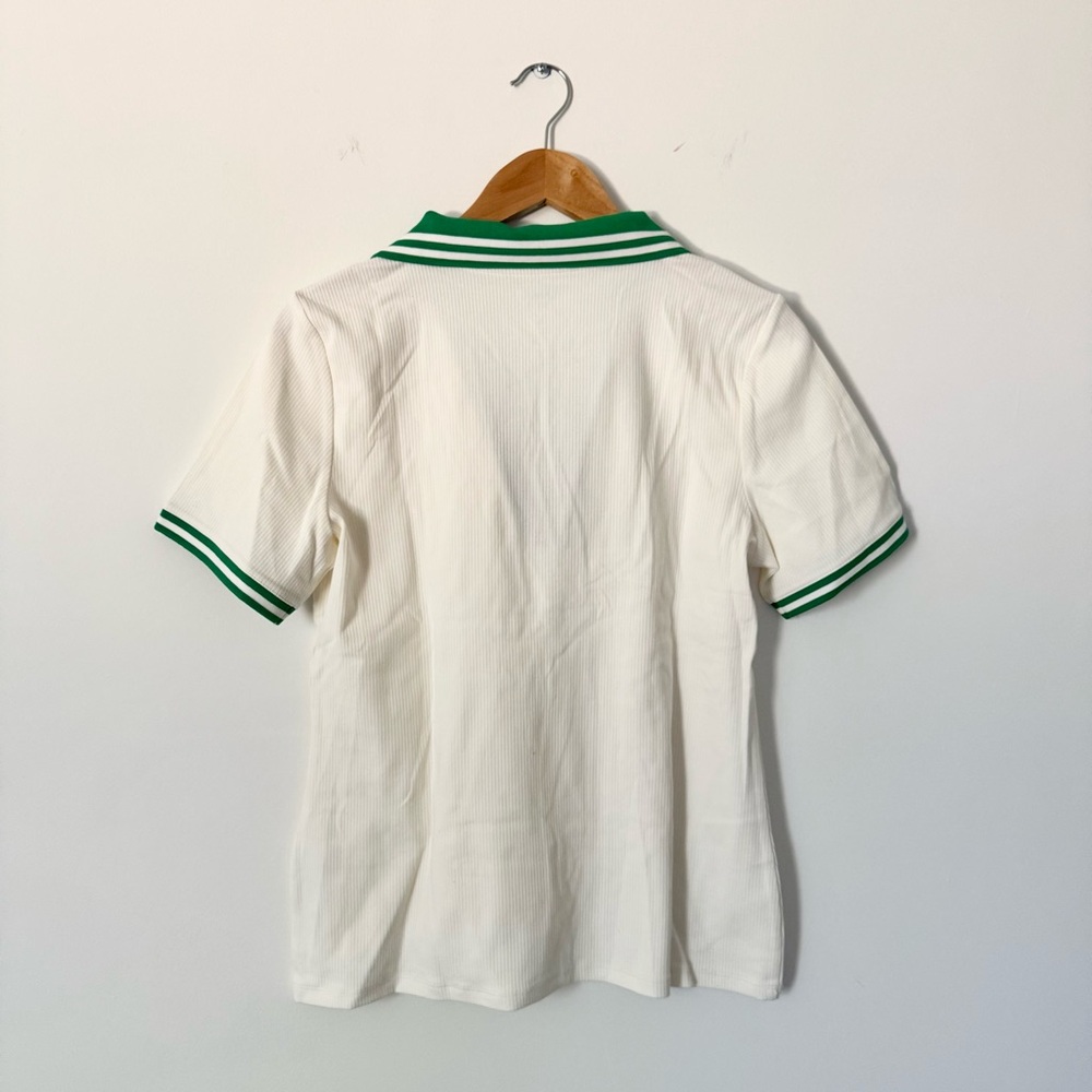 Lands' End Ribbed Polo Tee Off White Green Trim Size M - Picture 6 of 7
